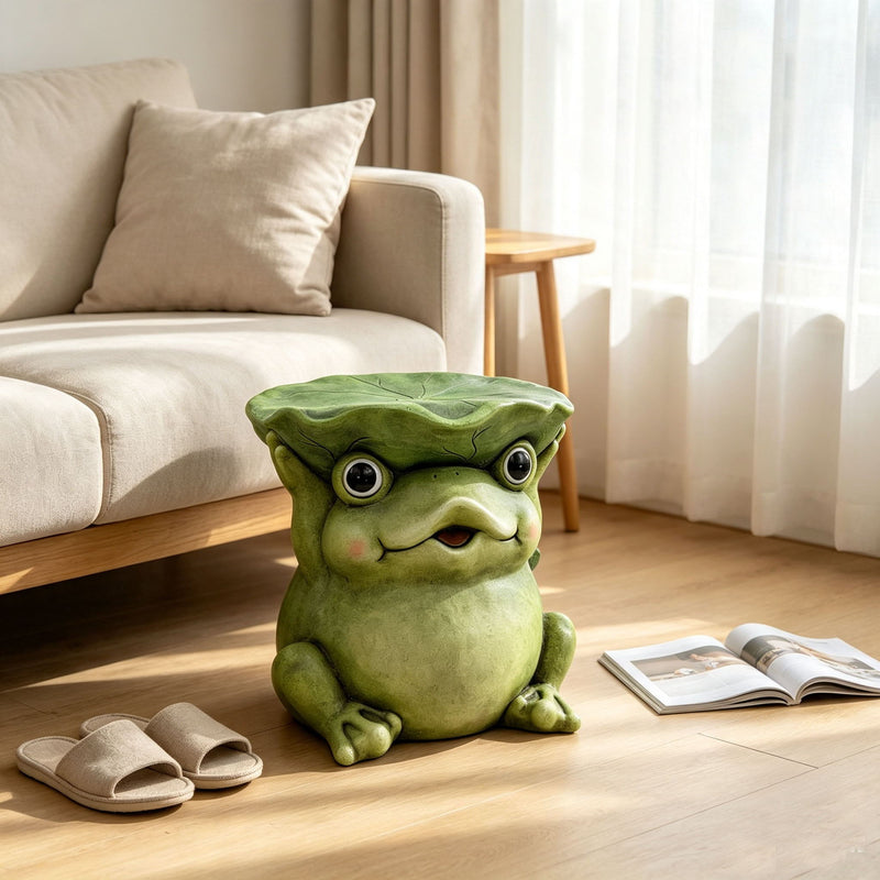 12'' Cute Frog Statue With Lotus Leaf Hat, Cartoon Animal Figurine Decor, Outdoor Garden Landscape Sculpture Ornament For Front Porch, Backyard Lawn, Patio, Walkway Home Decor