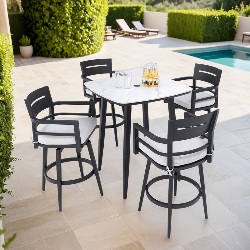 Modern Outdoor Patio Bar Set, Rounded Square Table & Bar Chairs, Non Rust Frame, Tapered Legs, Sunbrella Cushion