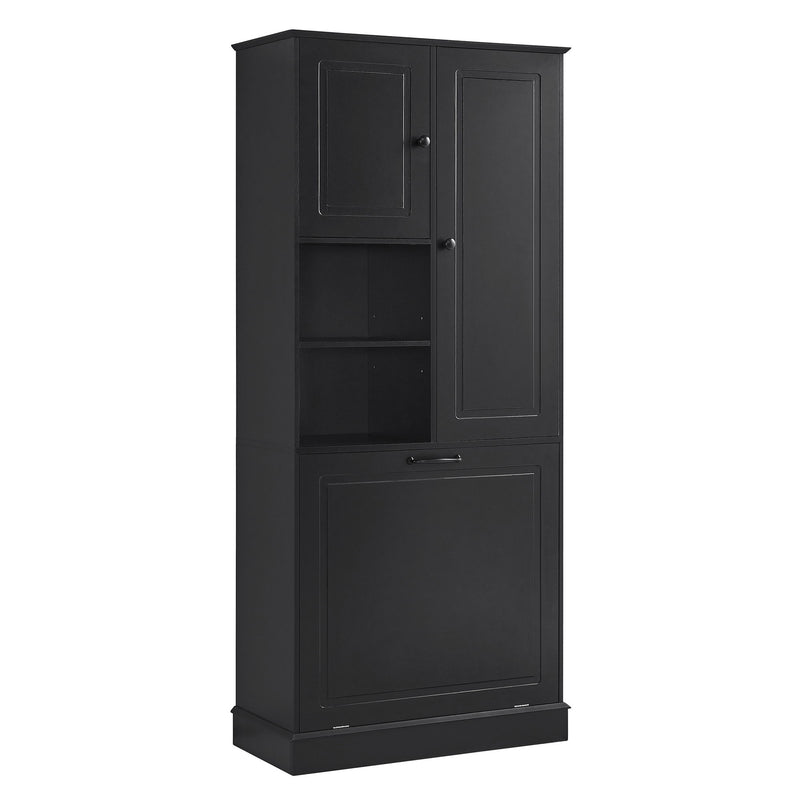 Modern Tall Storage Cabinet With Adjustable Shelves, Flip-Out Basket & Enclosed Doors