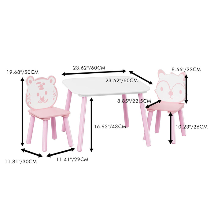Table And Chair Set, 3 Piece Wooden Toddler Desk With Animal Backrest - Pink / White