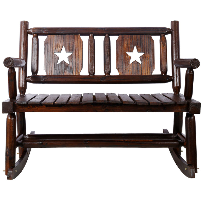 Rustic Outdoor Wood Rocking Bench Double Rocking Chair For 2 Persons With Curved Seat, Porch Rocker - Brown