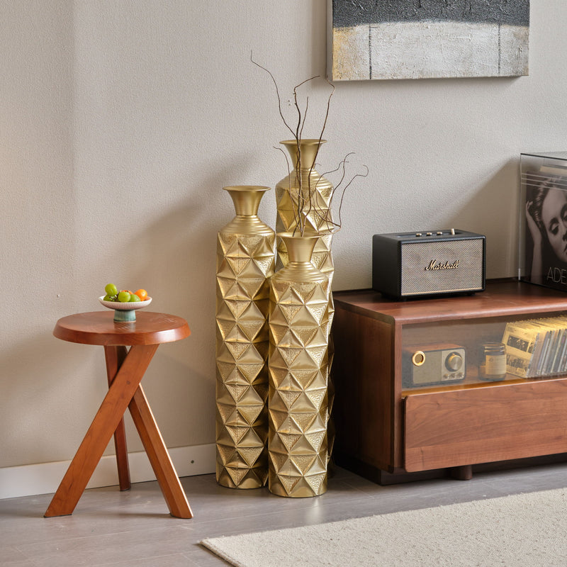 Metal Decorative Vase High Distress Metal Center Vase With 3D Triangle Pattern, (Set of 3) Vases For Home Decoration - Gold