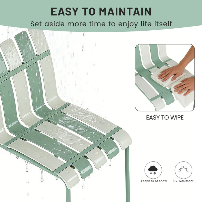 4 Piece Set Of Striped Color Blocking Single Chairs With Long Table - Cream White / Haze Green / White
