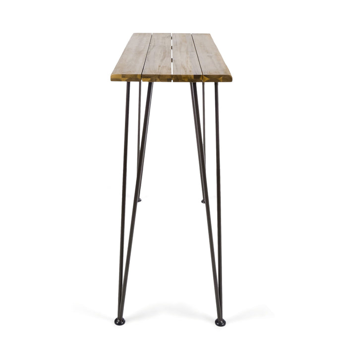 Dione Outdoor Industrial Acacia Wood Bar Set With Metal Frame And Slat Paneling - Brown