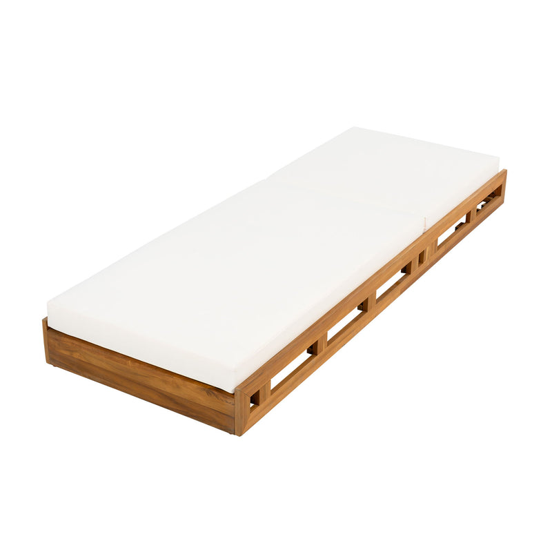 Premium Acacia Wood Lounge Chaise Set With Water Resistant Cushions, Adjustable Recline - Cream / Teak