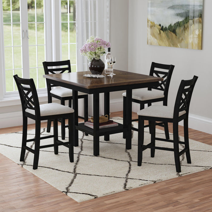 Brooks - 5 Piece Counter Set With Table And 4 Upholstered Seat & Wood Back Chairs - Medium Brown & Black