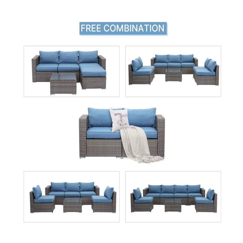 2 Piece Patio Loveseat Set With Thick Cushions, Outdoor Sectional Sofa For Balcony - Blue / Brown