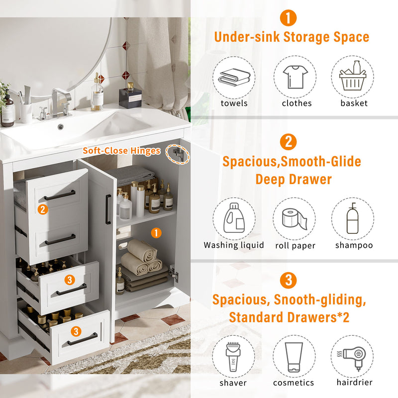 Bathroom Vanity With Sink, Soft Close Doors, Adjustable Shelf & 3 Drawers