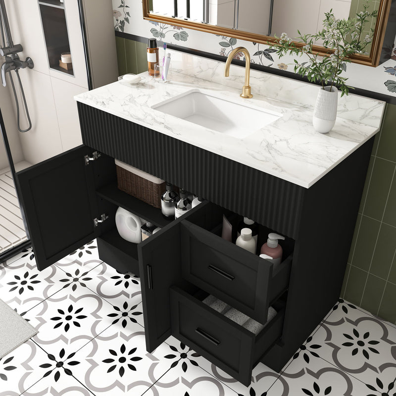 Bathroom Vanity, Fluted Cabinet, Soft Close Doors & Drawers, Single Faucet Hole, Sink Included - Black