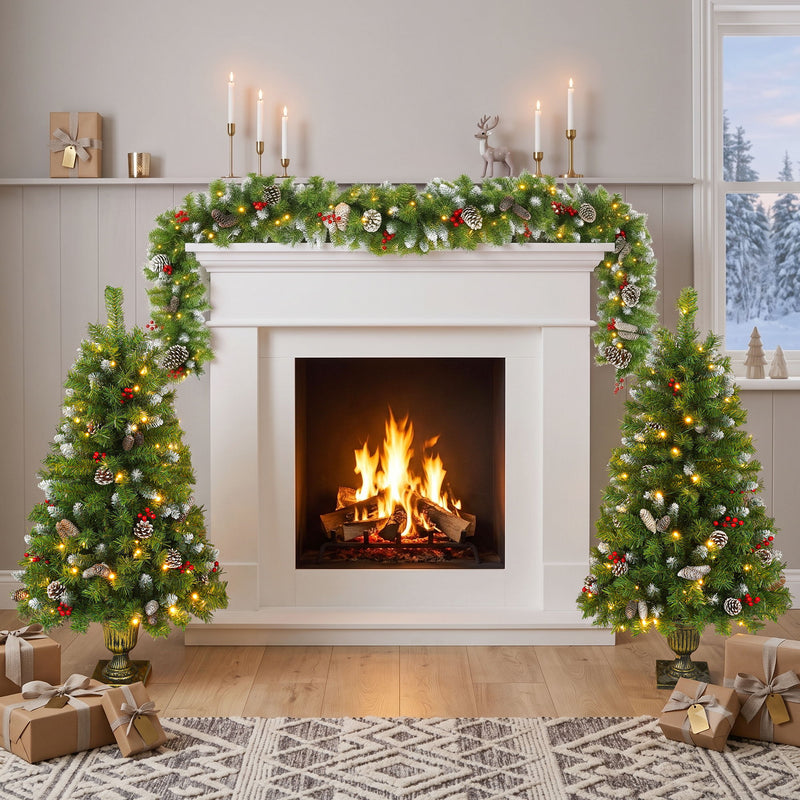 Pre Lit Artificial Christmas Tree Set With LED Lights, 3 Piece Garland And Entrance Trees, Warm Lighting, Indoor Use Only - Green