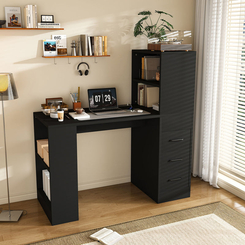 Computer Desk With 4 In 1 Socket, 3 Slide Drawers And 4 Storage Levels, For Home Office - Black