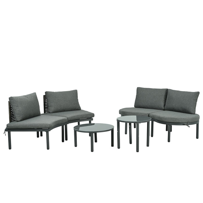 6 Piece Patio Set, Half Moon Outdoor Sectional Sofa With 2 High Low Coffee Tables, 4 Pillows & Cushions