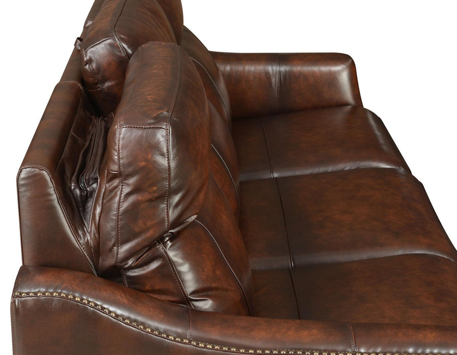 Steve Silver Akari Leather Dual Power Reclining Sofa w/ Dropdown Console in English Chestnut