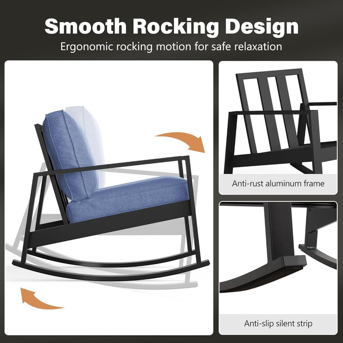 Outdoor Rocking Bistro Set Of 3, Oversized Rocking Chairs With Cushions And Side Table - Black / Blue