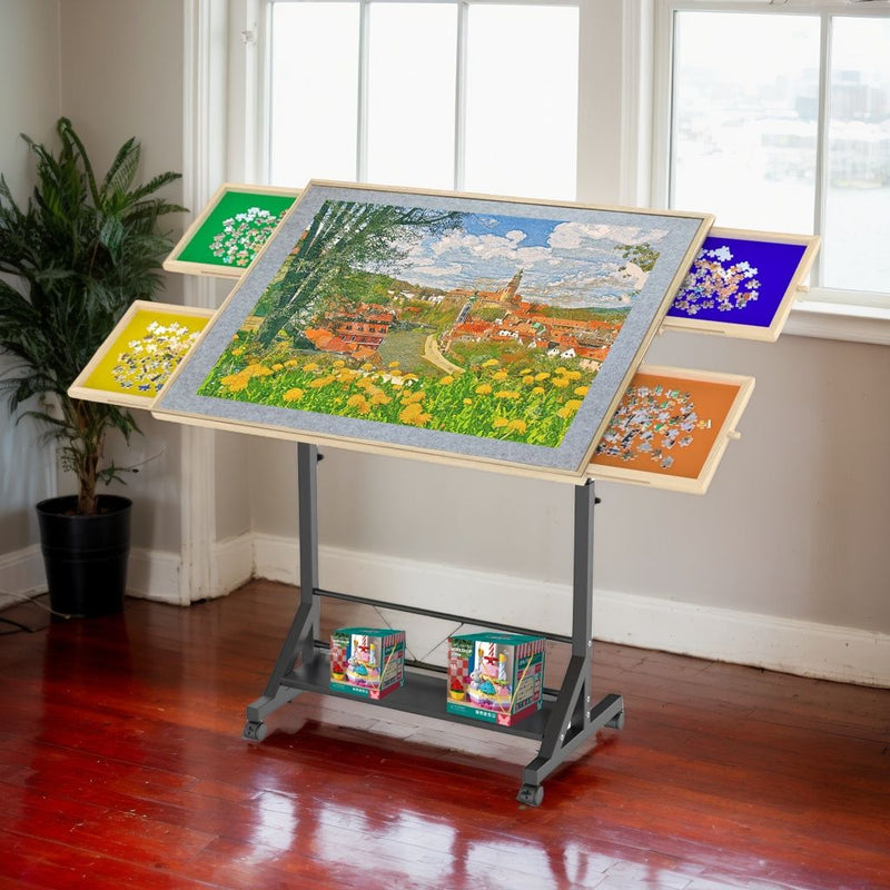 360 Degree Tilting Wooden Puzzle Table With 1500 Pieces, Rolling Design With Adjustable Height, Drawer, And Protective Cover - Black / Natural Wood