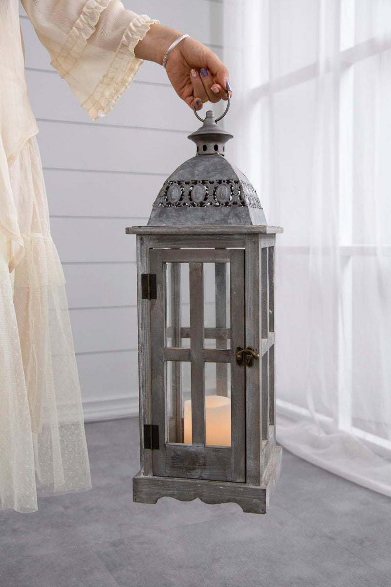 Wooden Candle Lantern Decorative, Hurricane Lantern Holder Decor For Indoor Outdoor, Home Garden Wedding - Gray