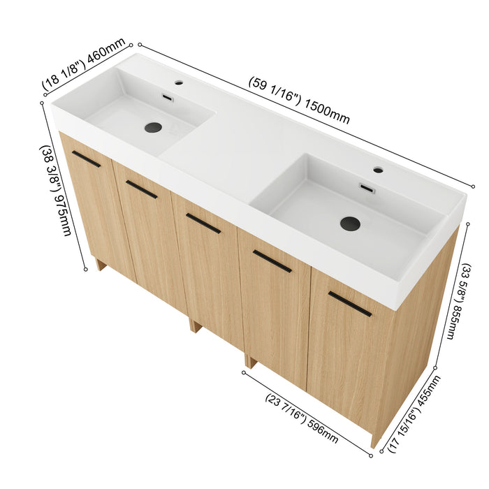 Double Sink Bathroom Vanity Set With Tall Linen Cabinet, Extra Large Storage, Integrated Sink, Freestanding Cabinet - Light Oak / White