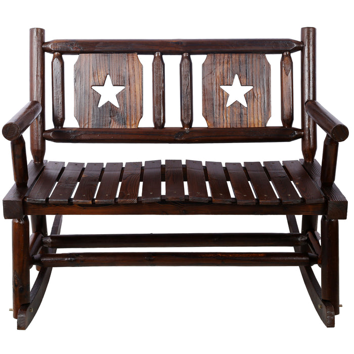 Rustic Outdoor Wood Rocking Bench Double Rocking Chair For 2 Persons With Curved Seat, Porch Rocker - Brown