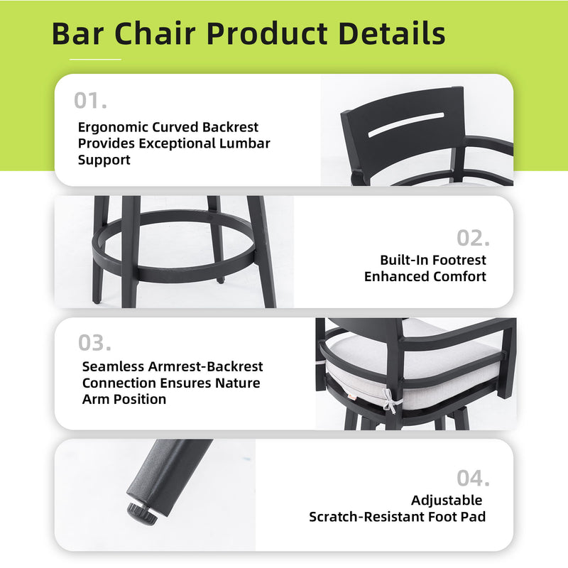 Modern Outdoor Patio Bar Set, Rounded Square Table & Bar Chairs, Non Rust Frame, Tapered Legs, Sunbrella Cushion