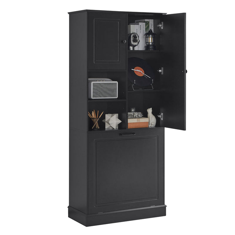 Modern Tall Storage Cabinet With Adjustable Shelves, Flip-Out Basket & Enclosed Doors