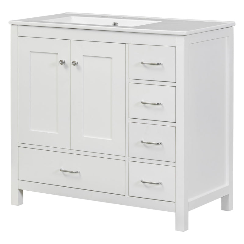 Bathroom Vanity With Ceramic Sink Combo, Abundant Storage Cabinet 2 Soft Close Doors And 5 Drawers