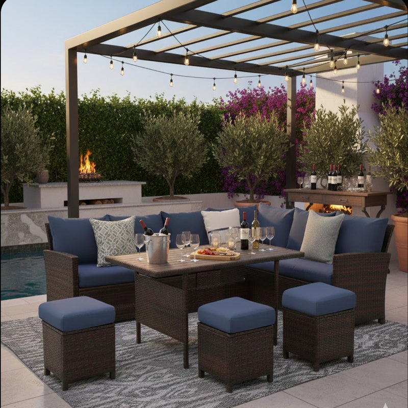 7 Piece Patio Dining Set With Cushions, Modular Sectional Sofa & Storage Table
