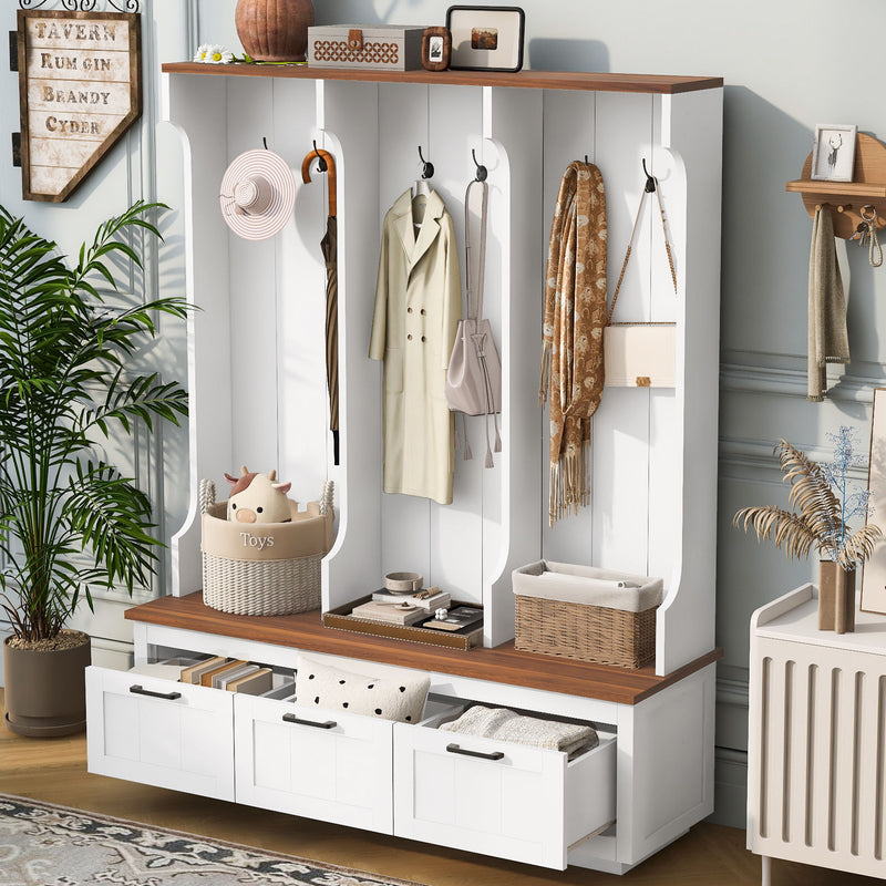 Hall Tree With Bench And Shoe Storage, 3 Large Drawers, Open Storage Shelves & Hooks