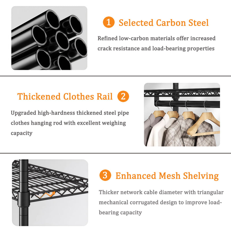 Freestanding Clothes Rack, With 6 Adjustable Wire Shelves And 3 Garment Rails - Black