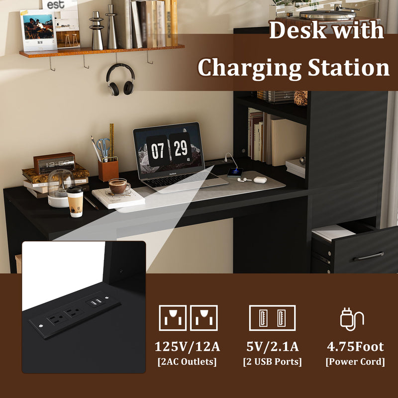 Computer Desk With 4 In 1 Socket, 3 Slide Drawers And 4 Storage Levels, For Home Office - Black