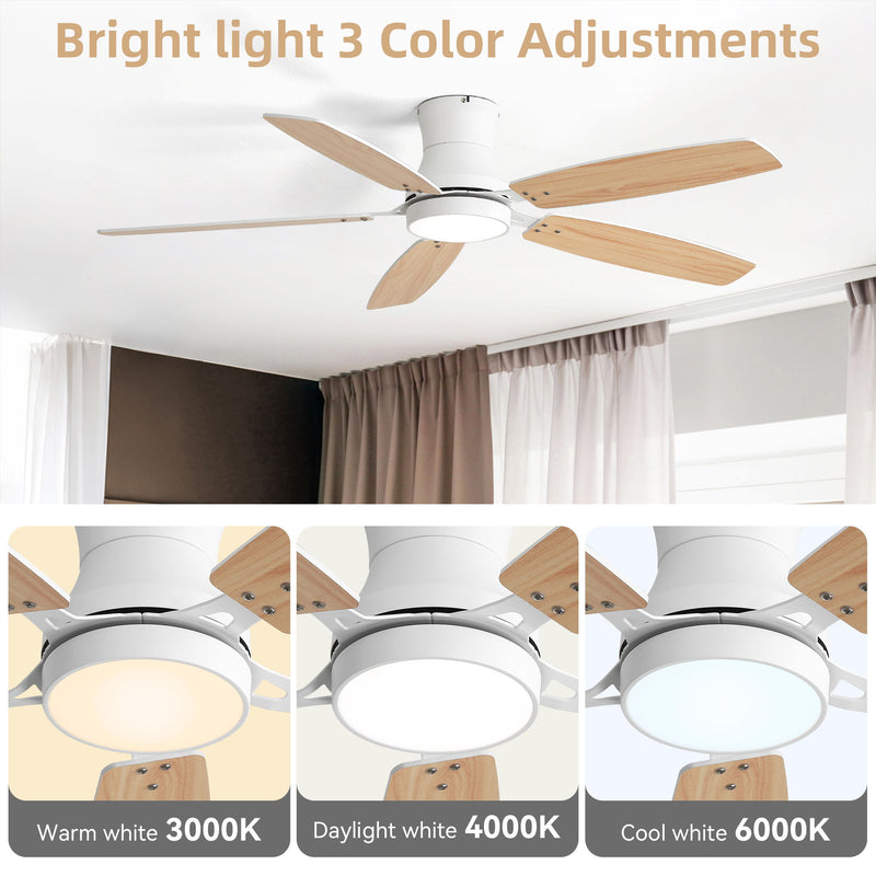 52" Flush Mount Ceiling Fan With Light, DC Motor, Remote Control, Dual Color
