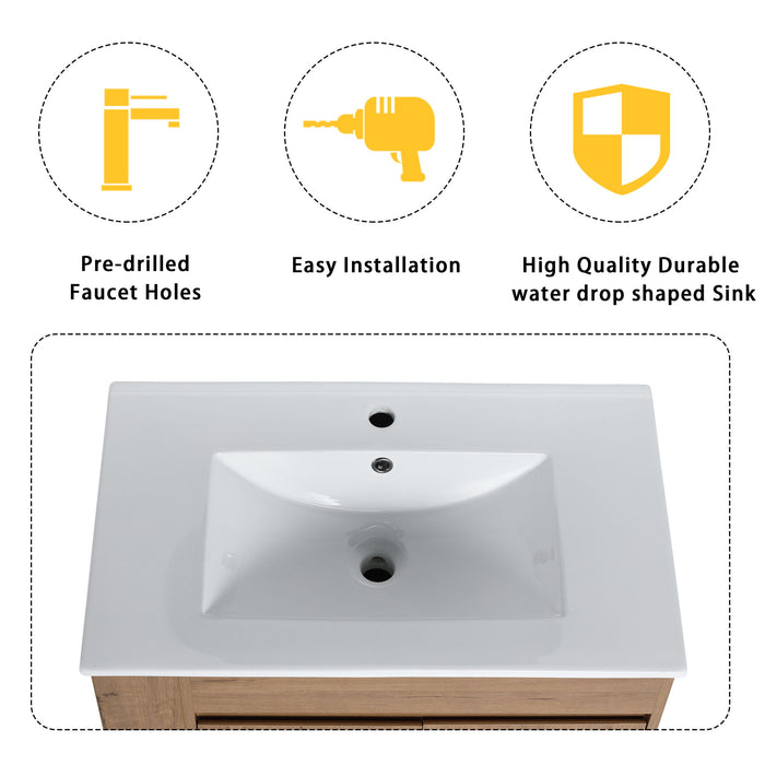 Modern Wall Mounted Bathroom Vanity With Sink And Storage Rack Soft Close Doors - Imitative Oak