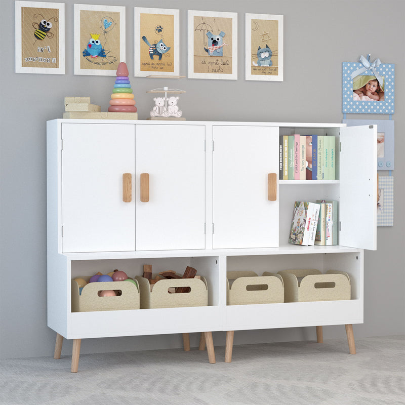 Toy Storage Cabinet With Doors And Open Shelf, Toddler Bookshelf For Playroom - White