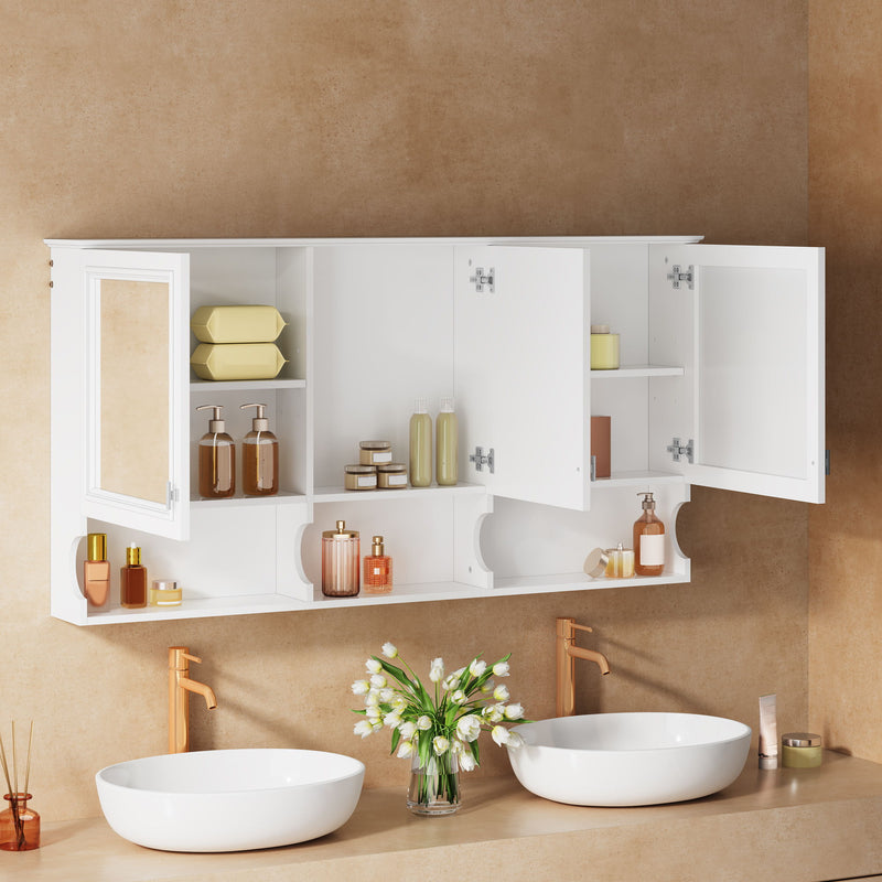 Wall-Mounted Mirror Medicine Cabinet With Adjustable Shelf And Open Shelves, Bathroom Storage Cabinet Over Toilet - White