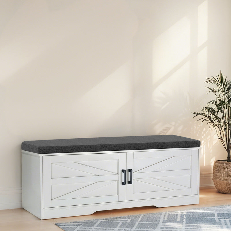 2 Tier Shoe Bench With Padded Seat, 2 Barn Doors And Adjustable Shelves, For Entryway And Living Room - White