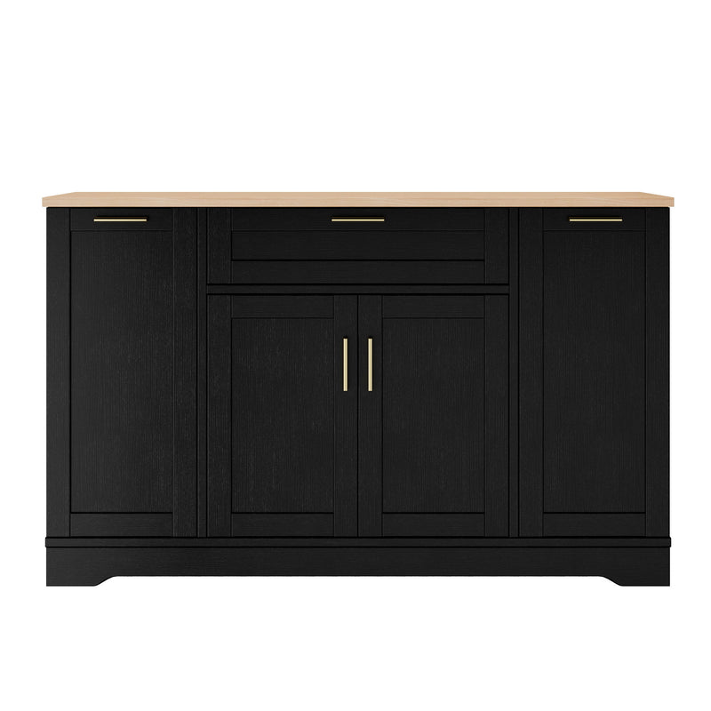 Trexm Multi-Functional Storage Sideboard, Extendable Dining Table, Adjustable Shelves, 3-Tier Pull-Out Rack, Kitchen Island Storage For Kitchen, Dining Room, Living Room (Black)