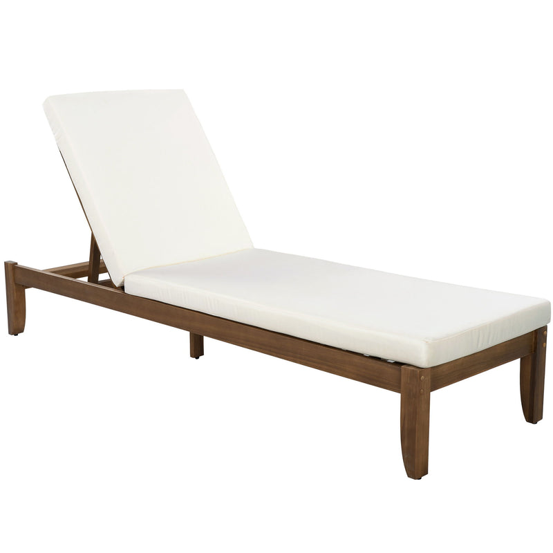 Adjustable Outdoor Patio Lounge Chair Chaise Lounge - Beige / Walnut