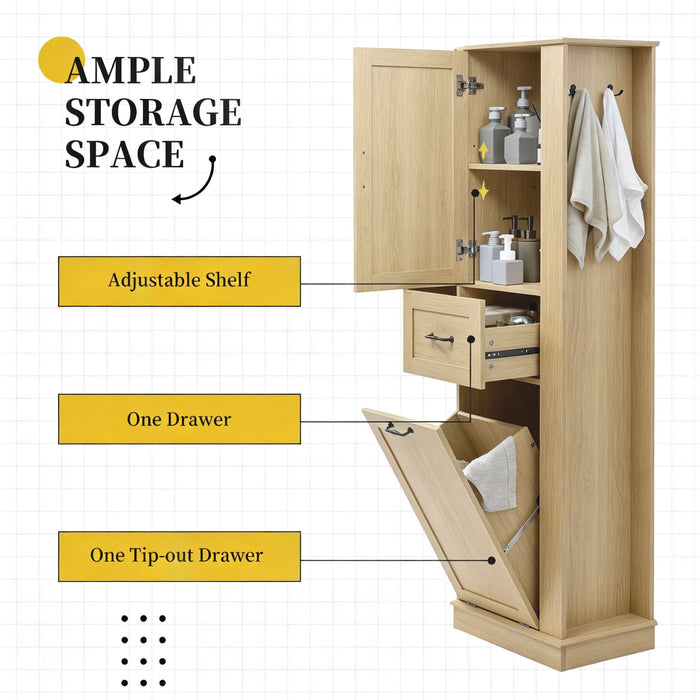 Tall Storage Cabinet With Tilt Out Compartment, Adjustable Shelves, Soft Close Hinges - Natural