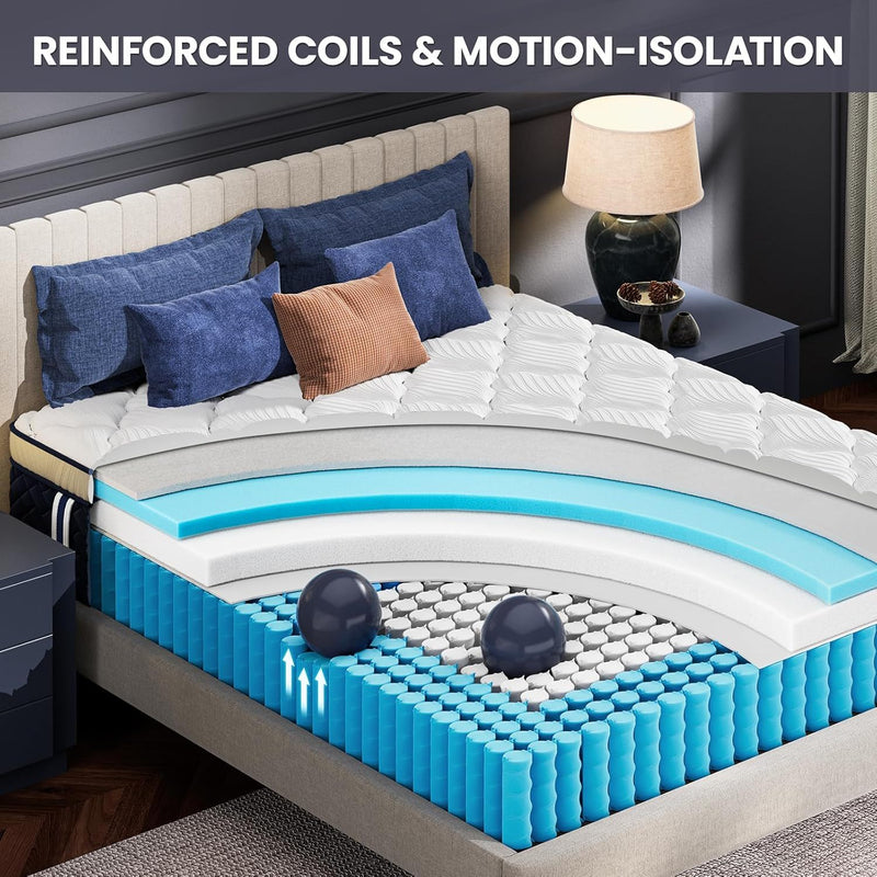 Rresta Hotel Collection - 12" Medium Firm Hybrid Mattress With 5 Zone Support For Back & Hip Relief, Fiber Free, Certipur Us Certified