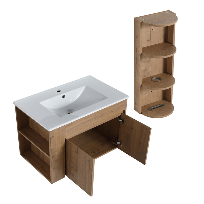 Modern Wall Mounted Bathroom Vanity With Sink And Storage Rack Soft Close Doors - Imitative Oak