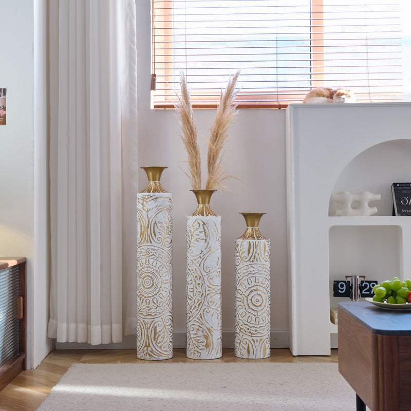 Floor Metal Vases Decorated Metal Vases (Set of 3) Gorgeous Home Decoration Large Glazed Metal Vases - White / Gold