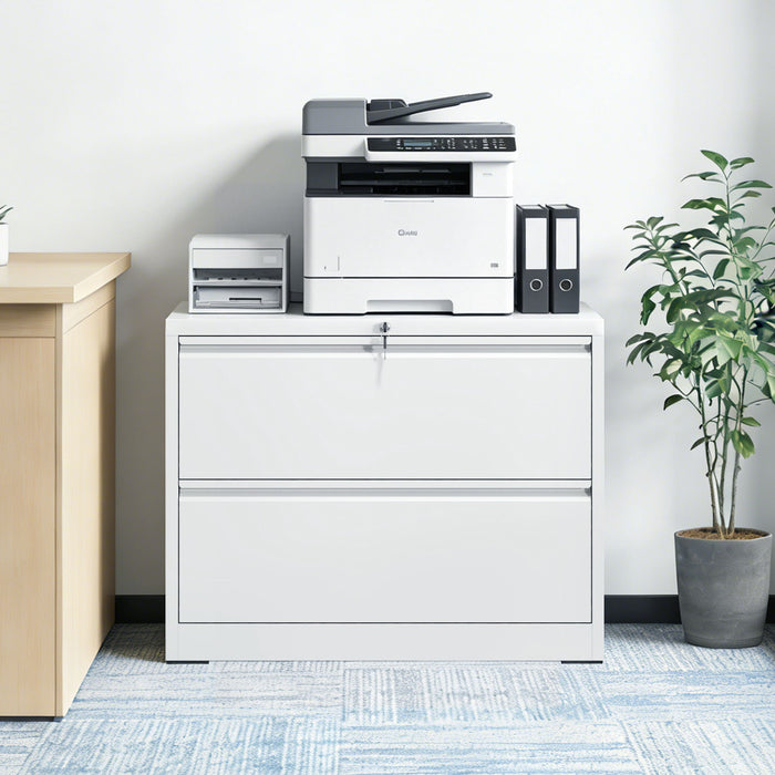 Lateral File Cabinet 2 Drawer, Locking File Cabinet With Anti Tip Interlock, Heavy Duty Storage For Letter / Legal / A4 Files - White