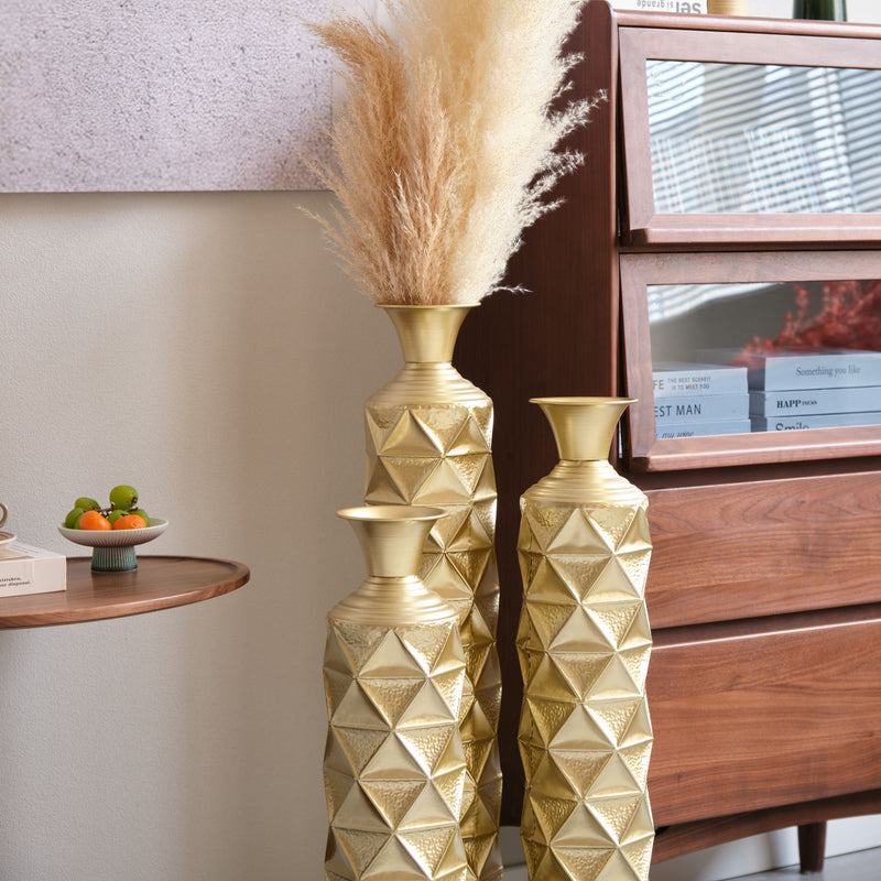 Metal Decorative Vase High Distress Metal Center Vase With 3D Triangle Pattern, (Set of 3) Vases For Home Decoration - Gold