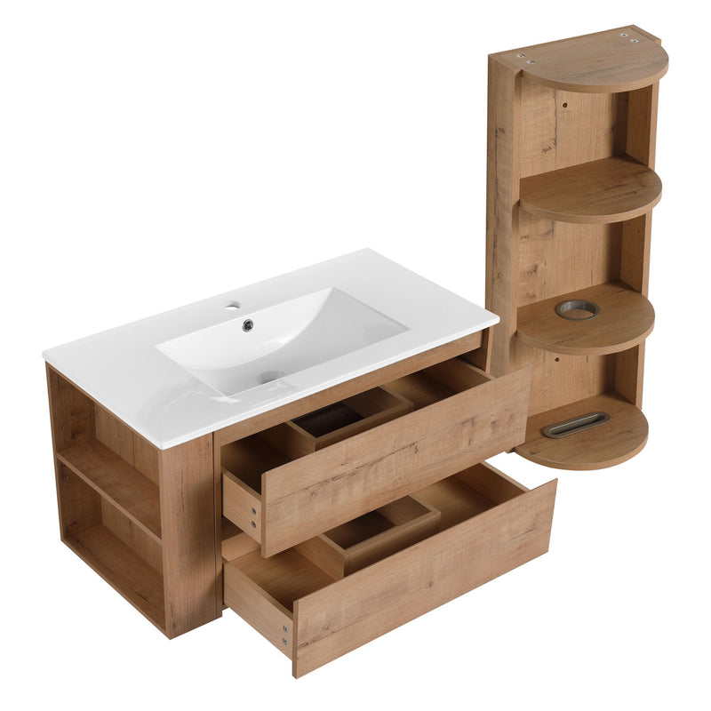 Modern Wall Mounted Bathroom Vanity With Ceramic Sink And Storage Rack, 2 Soft Close Drawers