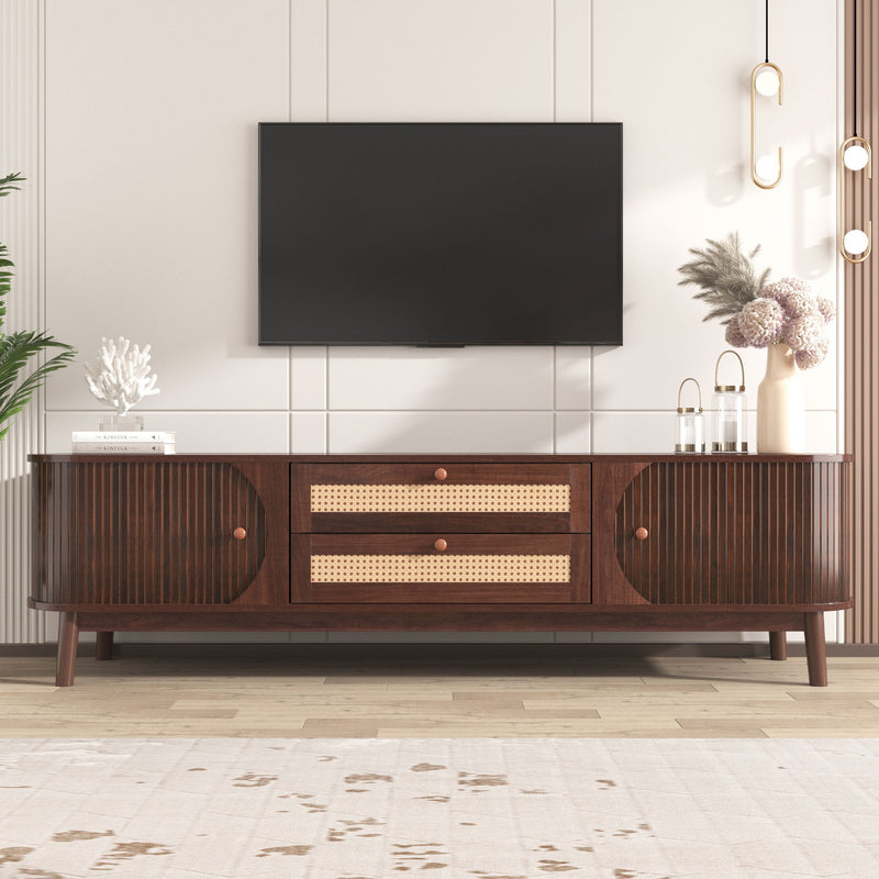 TV Stand For TVs Up To 75'', Cabinet With Drawers And Sliding Doors, Living Room Entertainment Console - Natural Wood / Brown