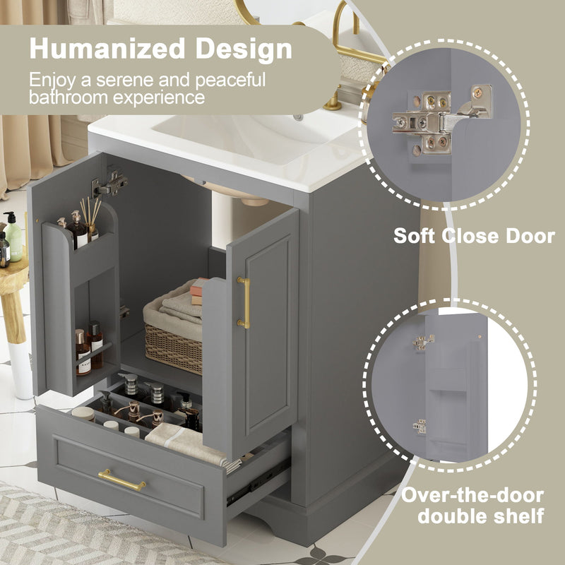 Bathroom Vanity With Sink, 1 Divided Drawer And 2 Soft Close Doors With Double Shelf