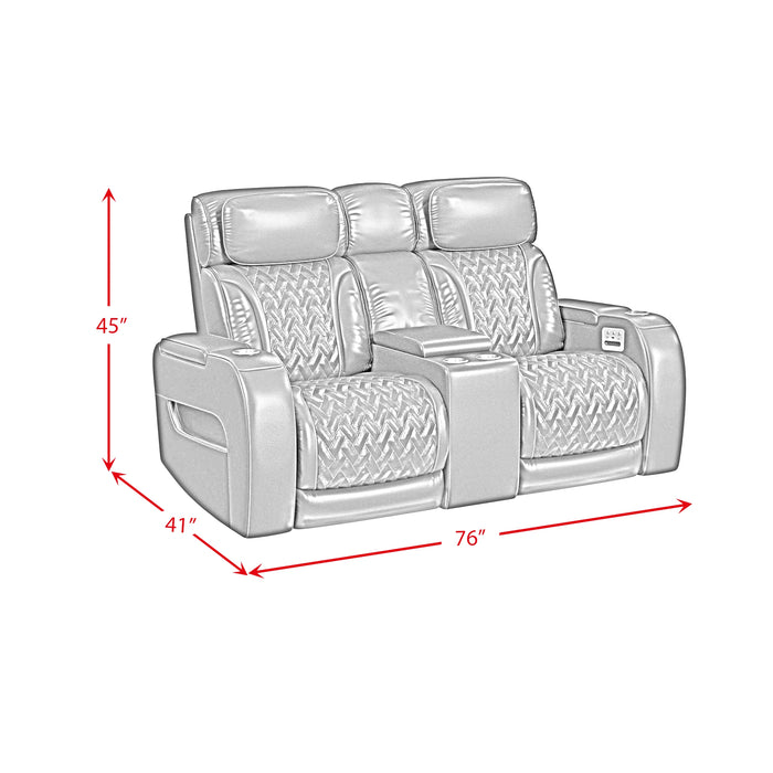 Prime Time P3 Loveseat with LED, wireless charger pocket, and Console in Jett Black with Red Stitching