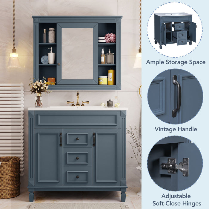 36" Bathroom Vanity With Top Sink, Basin On Cabinet With 2 Soft Closing Doors And 2 Drawers - Blue