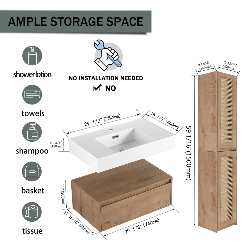 Modern Imitative Wall Mounted Bathroom Vanity With Resin Sink & 2 Side Cabinet, Soft Close Drawer - Imitative Oak
