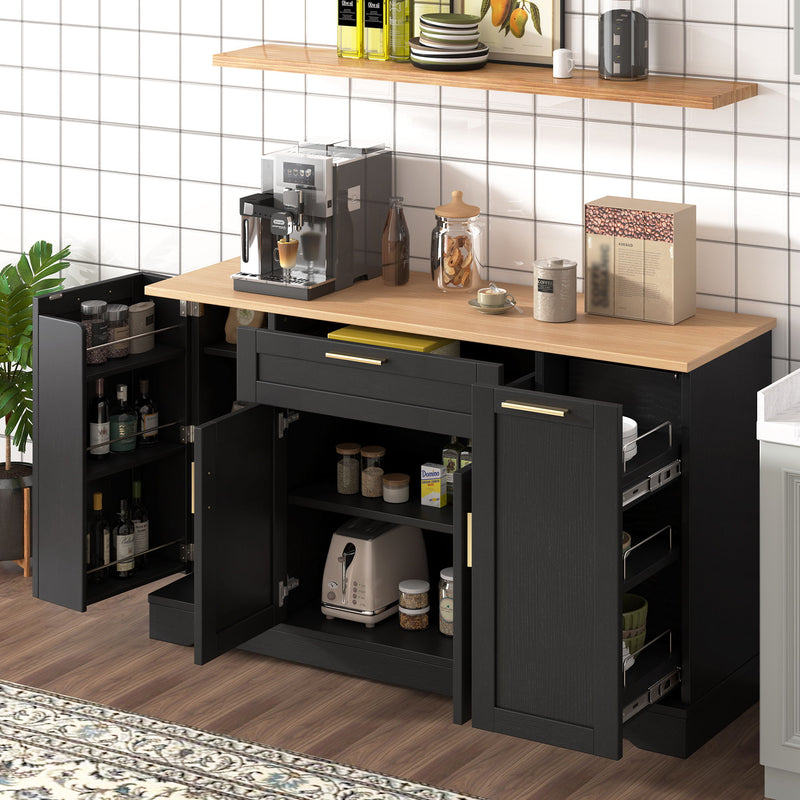 Trexm Multi-Functional Storage Sideboard, Extendable Dining Table, Adjustable Shelves, 3-Tier Pull-Out Rack, Kitchen Island Storage For Kitchen, Dining Room, Living Room (Black)