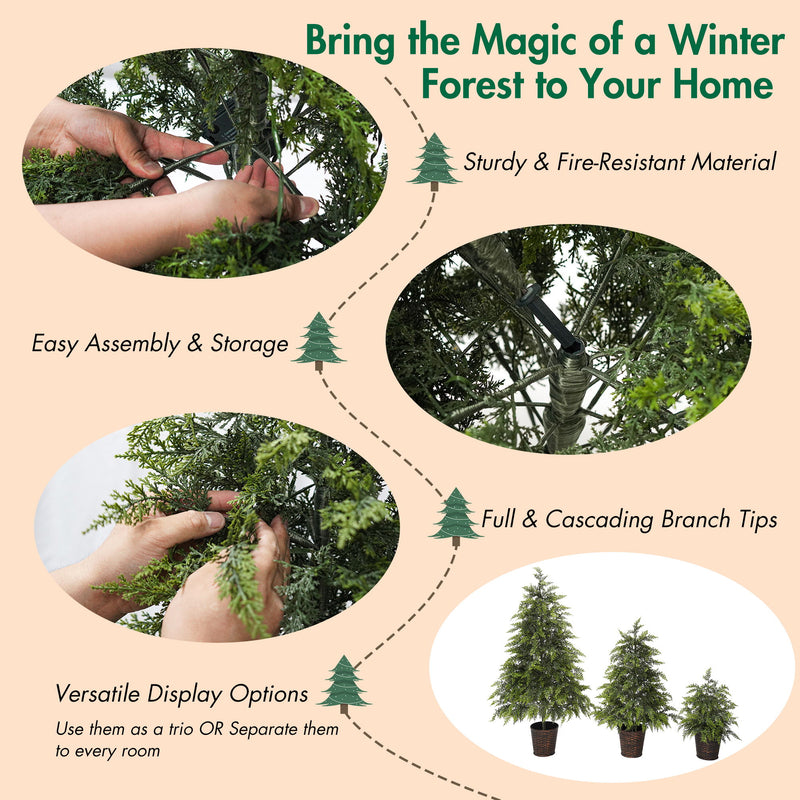 3 Piece Pre Lit Christmas Tree Set With Warm Glowing LED Lights, Sturdy Potted Base, Full Cascading Branches - Green